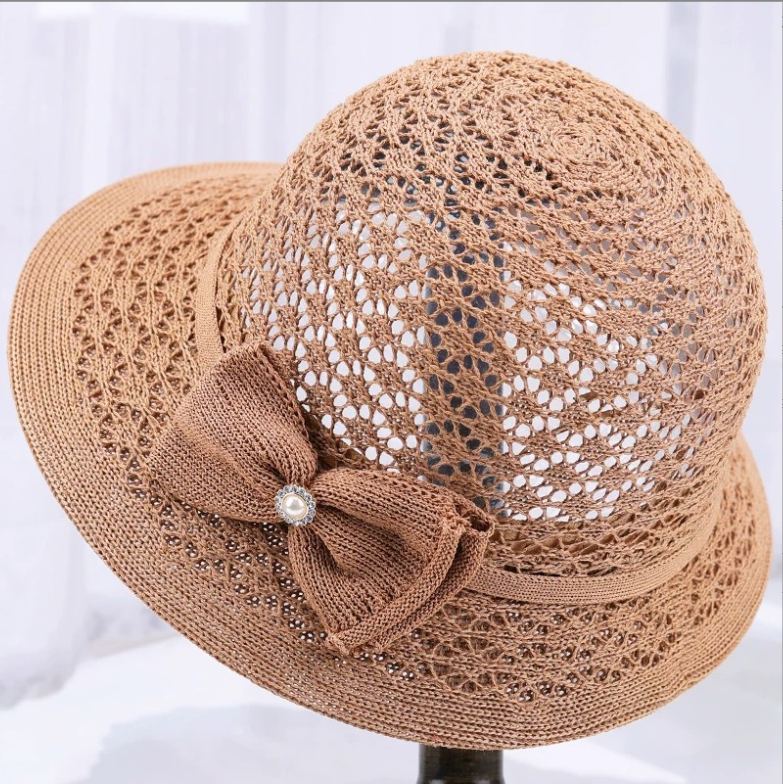 Womens Wide Brim Straw Sun Hat with Lace Bow Detail